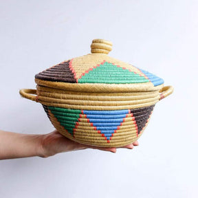Lidded Handle Basket in Tan, Aqua, Green and Brown