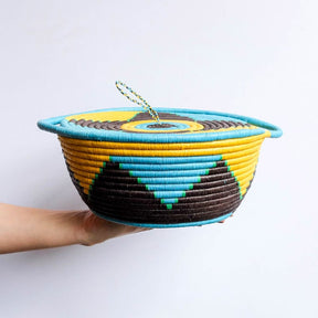 Flat Lidded Handle Basket in Aqua, Yellow and Brown