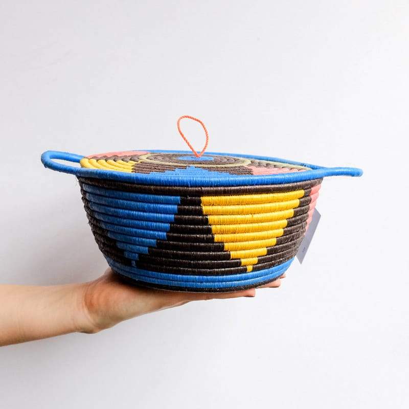Flat Lidded Handle Basket in Blue, Yellow, Pink and Brown