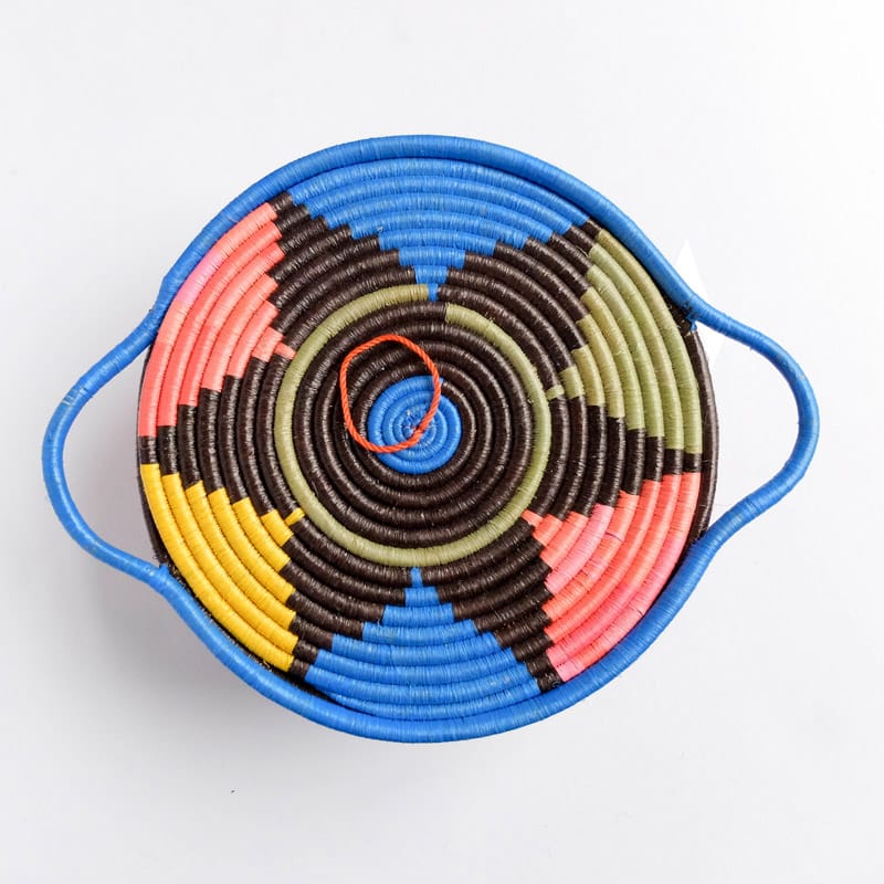 Flat Lidded Handle Basket in Blue, Yellow, Pink and Brown