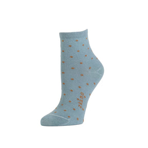 A light blue sock with mustard colored polka dots with the Zkano logo along the arch. The Alice Anklet in Moonstone is from Zkano and made in Alabama, USA.