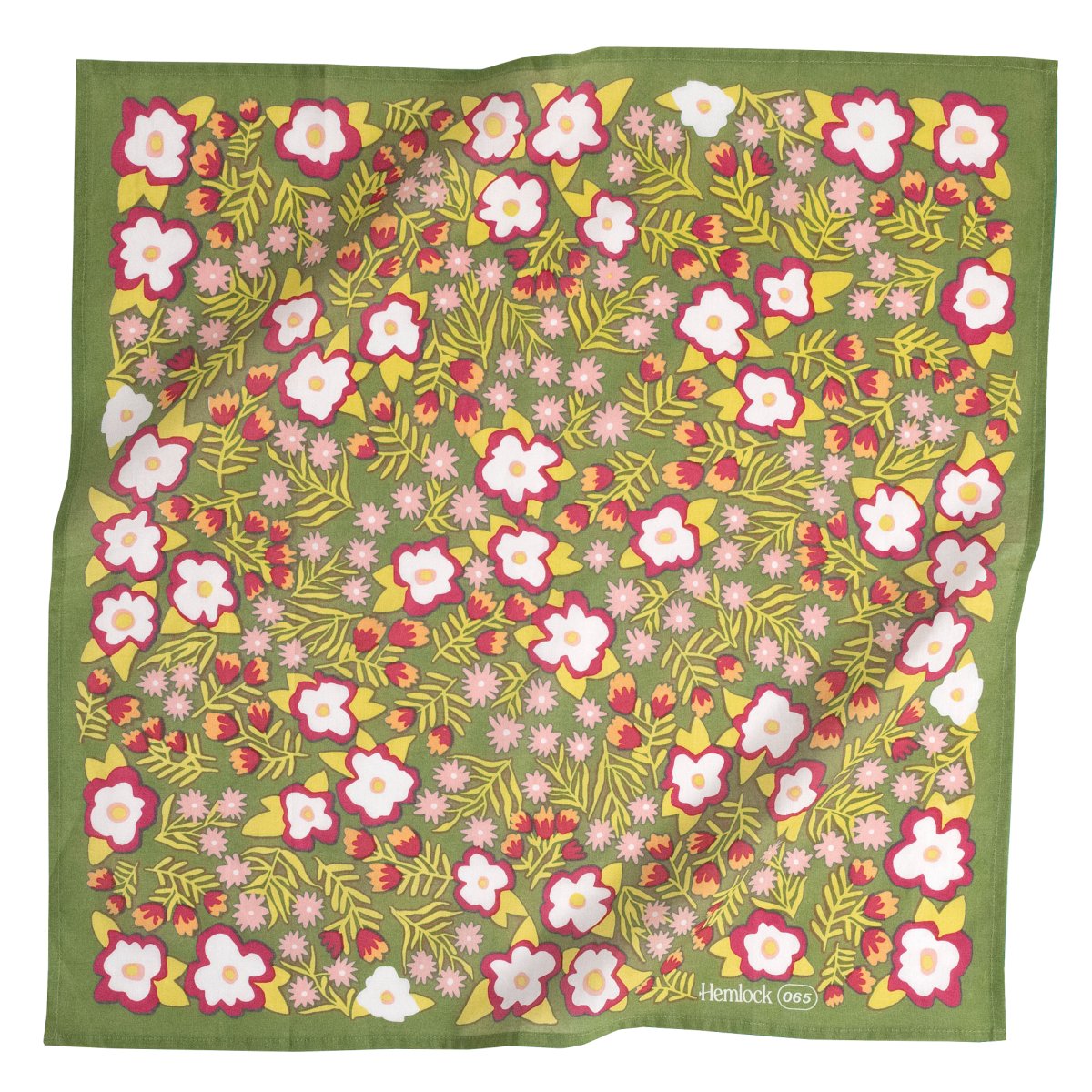 A green bandana with a ready, pink, white and yellow floral pattern. Designed by Hemlock Goods in Fulton, MO and screen printed by hand in India.