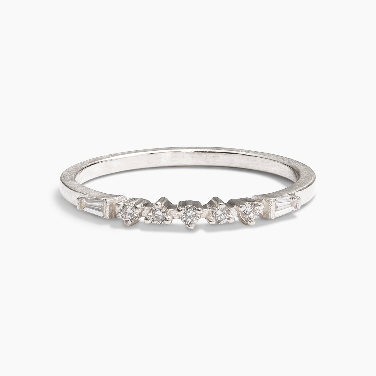 Alma 14K recycled white gold stacking ring, with lab-grown diamonds. Designed and handcrafted in Portland, Oregon.
