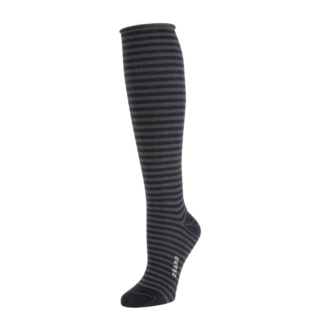 A dark grey ribbed knee sock with a black striped patter. The Annabel Knee Sock in Black Stripe is from Zkano and made in Alabama, USA.