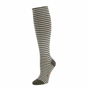 A cream colored ribbed knee sock with dark green striped pattern. The Annabel knee High Sock in Striped Spruce is from Zkano and made in Alabama, USA.