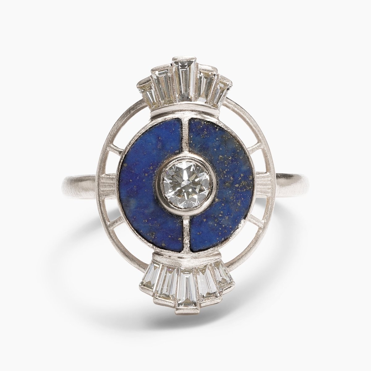 Ara 14K recycled white gold ring, with lab-grown diamonds and chilean lapis inlay. Designed and handcrafted in Portland, Oregon