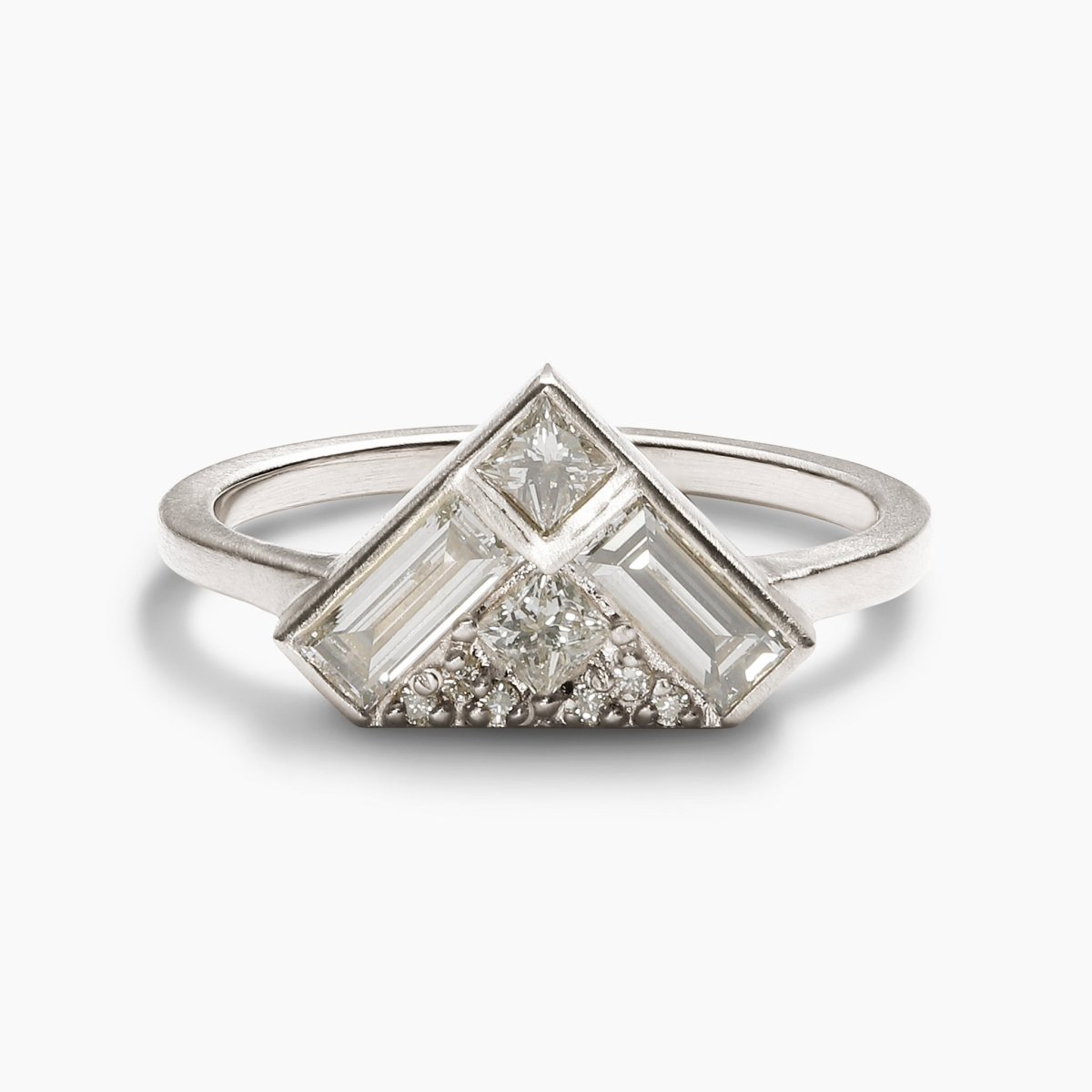 Triangular Aurore ring, set in 14K white gold with lab-grown diamonds. Designed and handcrafted in Portland, Oregon.