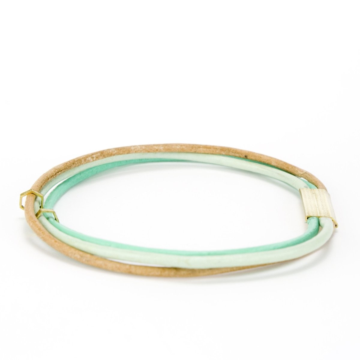 The mint, sea-Foam, natural neutral colored leather bangle combo.