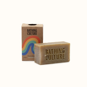 A rectangle bar soap handmade from whole plants, herbs and minerals. The Mind & Body Bar is handmade by Bathing Culture in San Francisco, California.