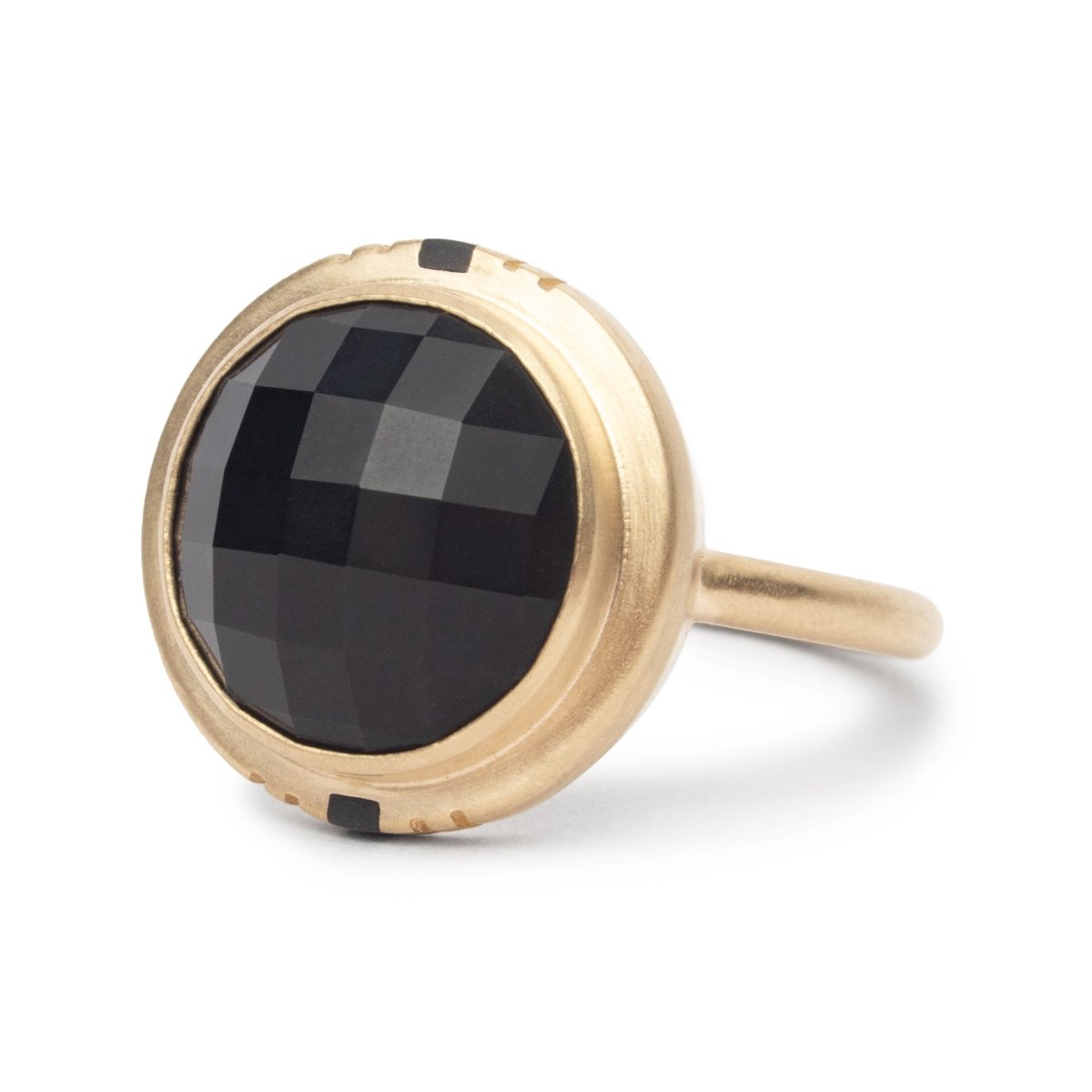 Flos ring with checkerboard cut Oregon black jasper set in 14k recycled yellow gold. Designed and handcrafted in Portland, Oregon. 