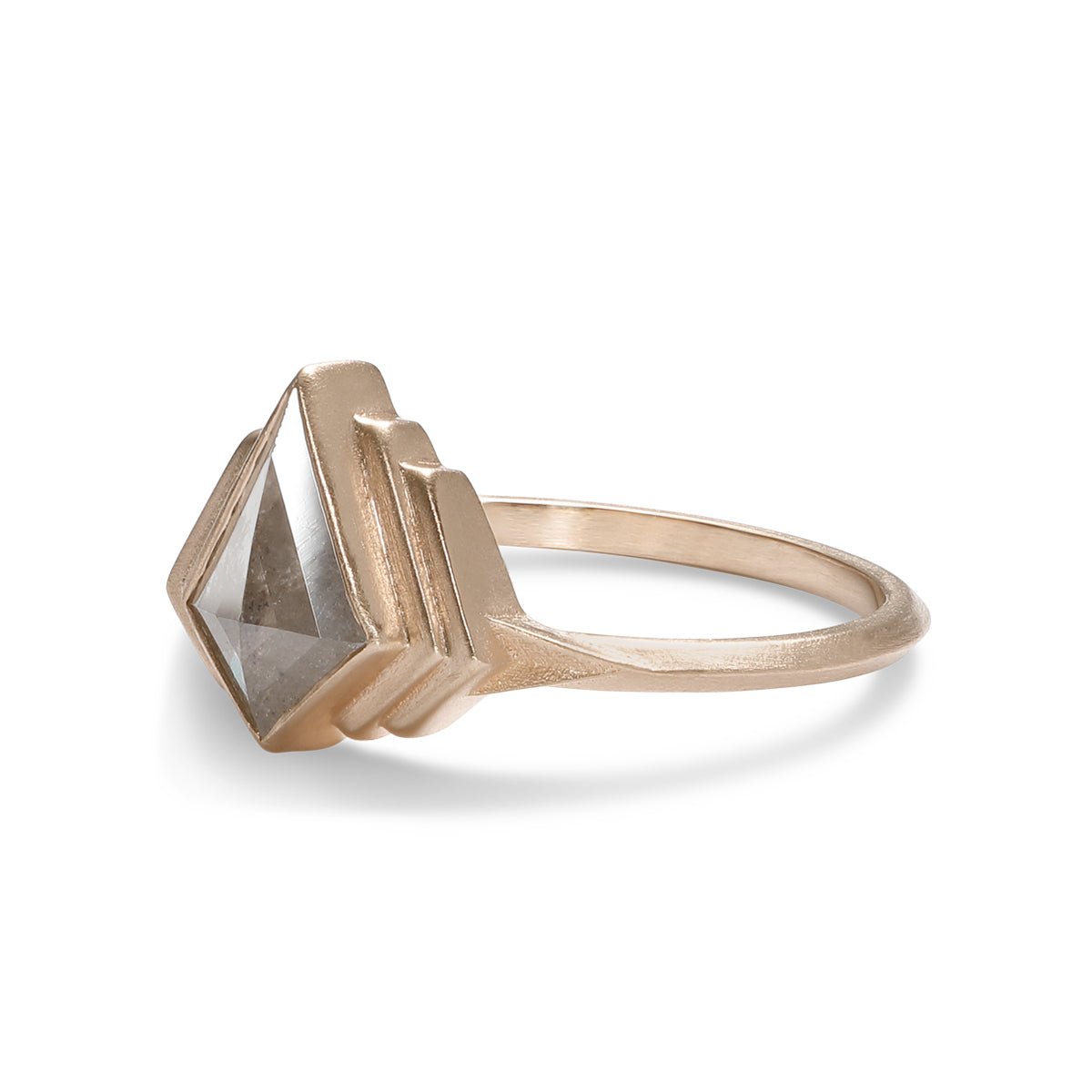 Adra 14K recycled gold ring, with conflict free rosecut kite salt & pepper diamond. Designed and handcrafted in Portland, Oregon.