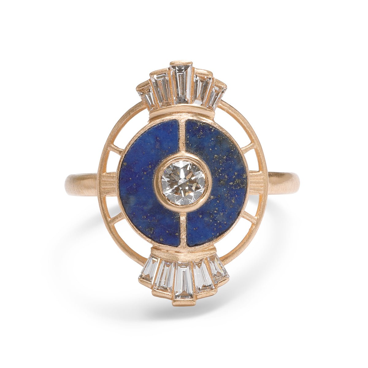 Ara 14K recycled gold ring, with lab-grown diamonds and chilean lapis inlay. Designed and handcrafted in Portland, Oregon.