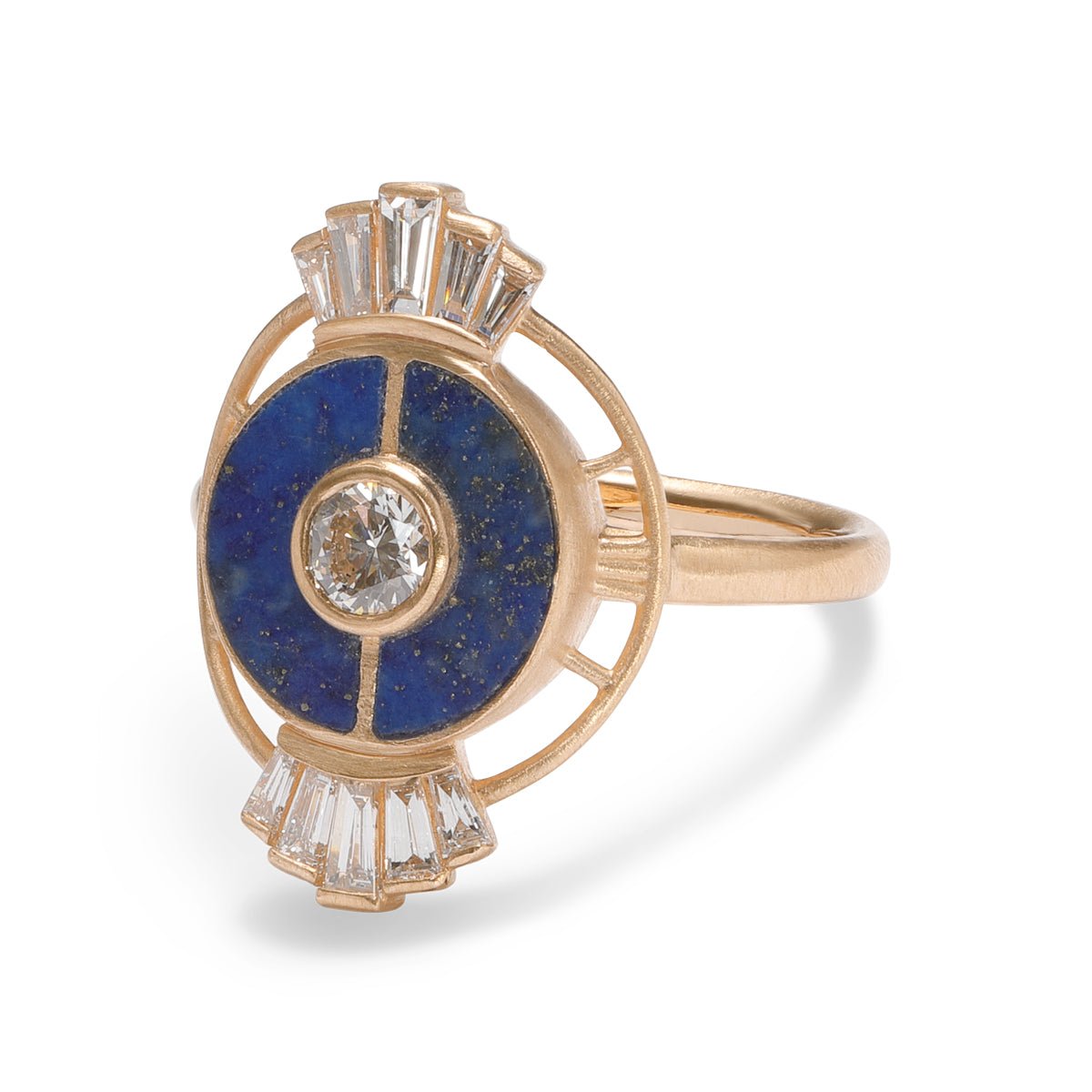 Ara 14K recycled gold ring, with lab-grown diamonds and chilean lapis inlay. Designed and handcrafted in Portland, Oregon.