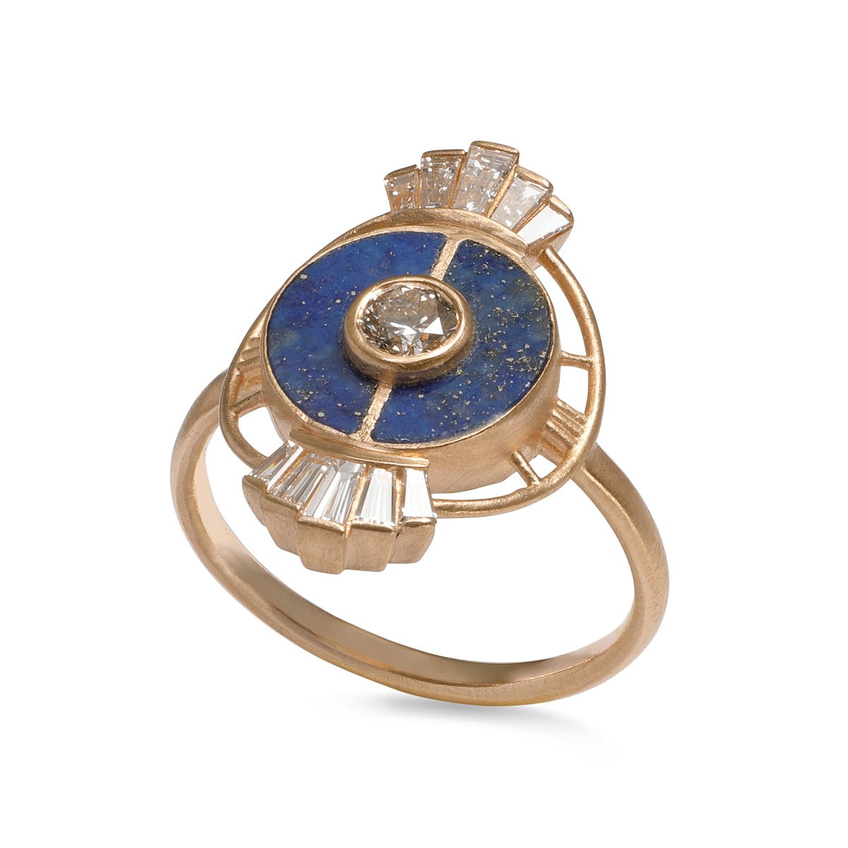 Ara 14K recycled gold ring, with lab-grown diamonds and chilean lapis inlay. Designed and handcrafted in Portland, Oregon.