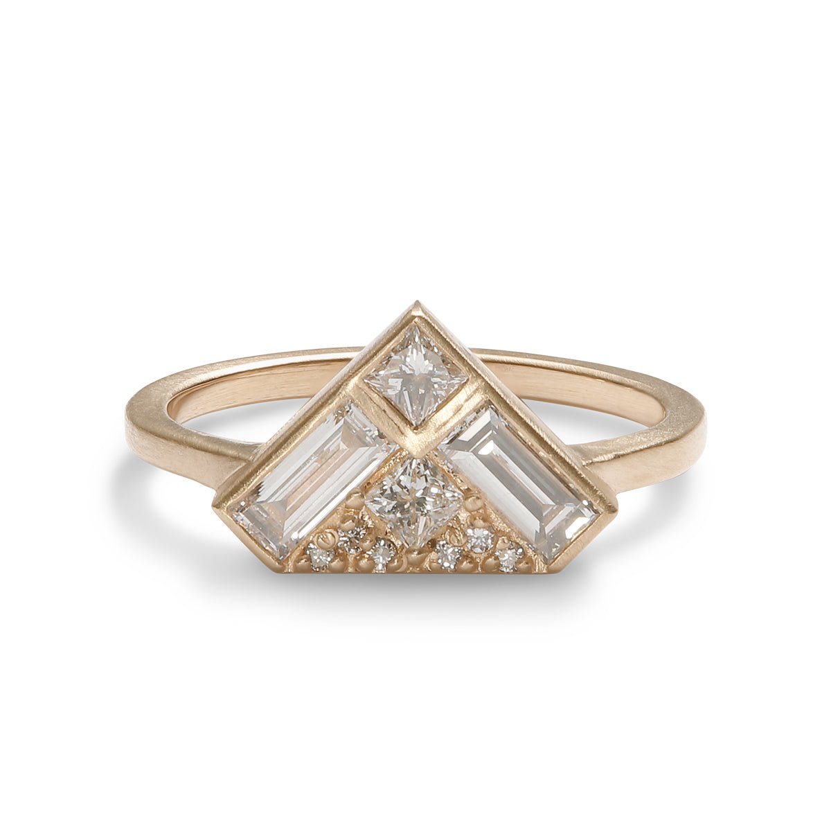 Triangular Aurore ring, set in 14K gold with lab-grown diamonds. Designed and handcrafted in Portland, Oregon.