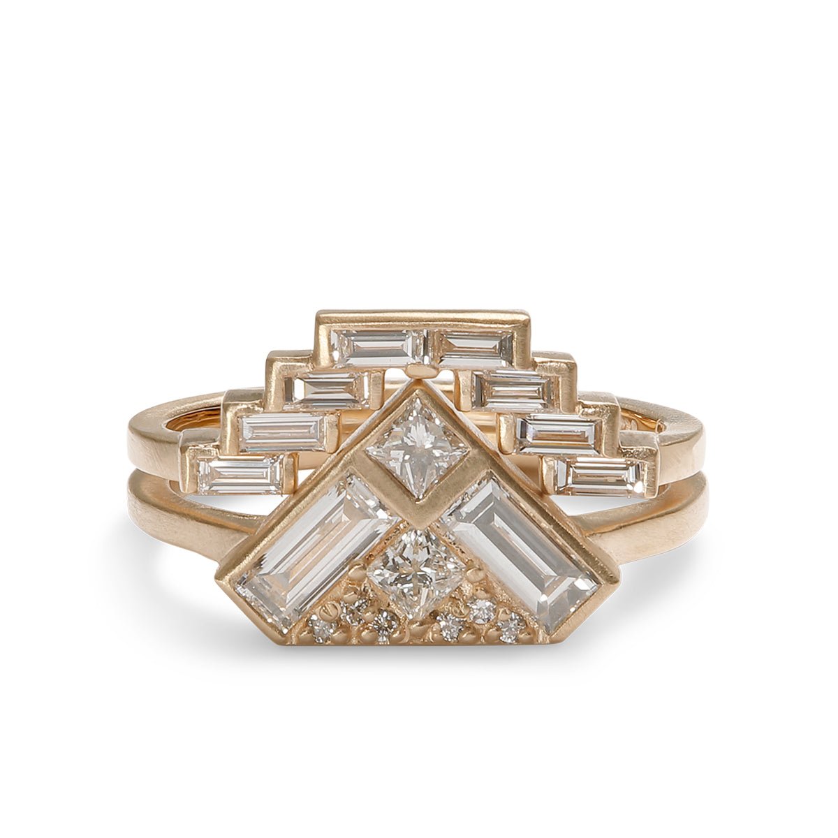The Montis ring sits on top of the Aurore ring. Both made with recycled 14K gold and lab-grown diamonds.