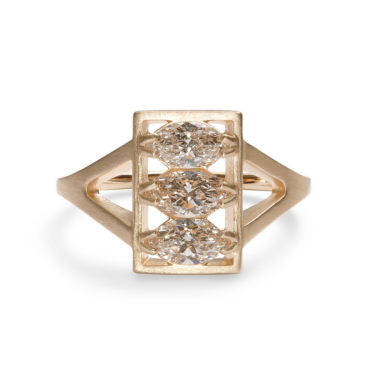 Rectangular Claro ring, featuring marquise lab-grown diamonds set in 14K gold. Designed and handcrafted in Portland, Oregon.
