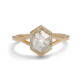 Hexagon salt & pepper diamond Dea ring. Features a split shank in 14K gold. Designed and handcrafted in Portland, Oregon.