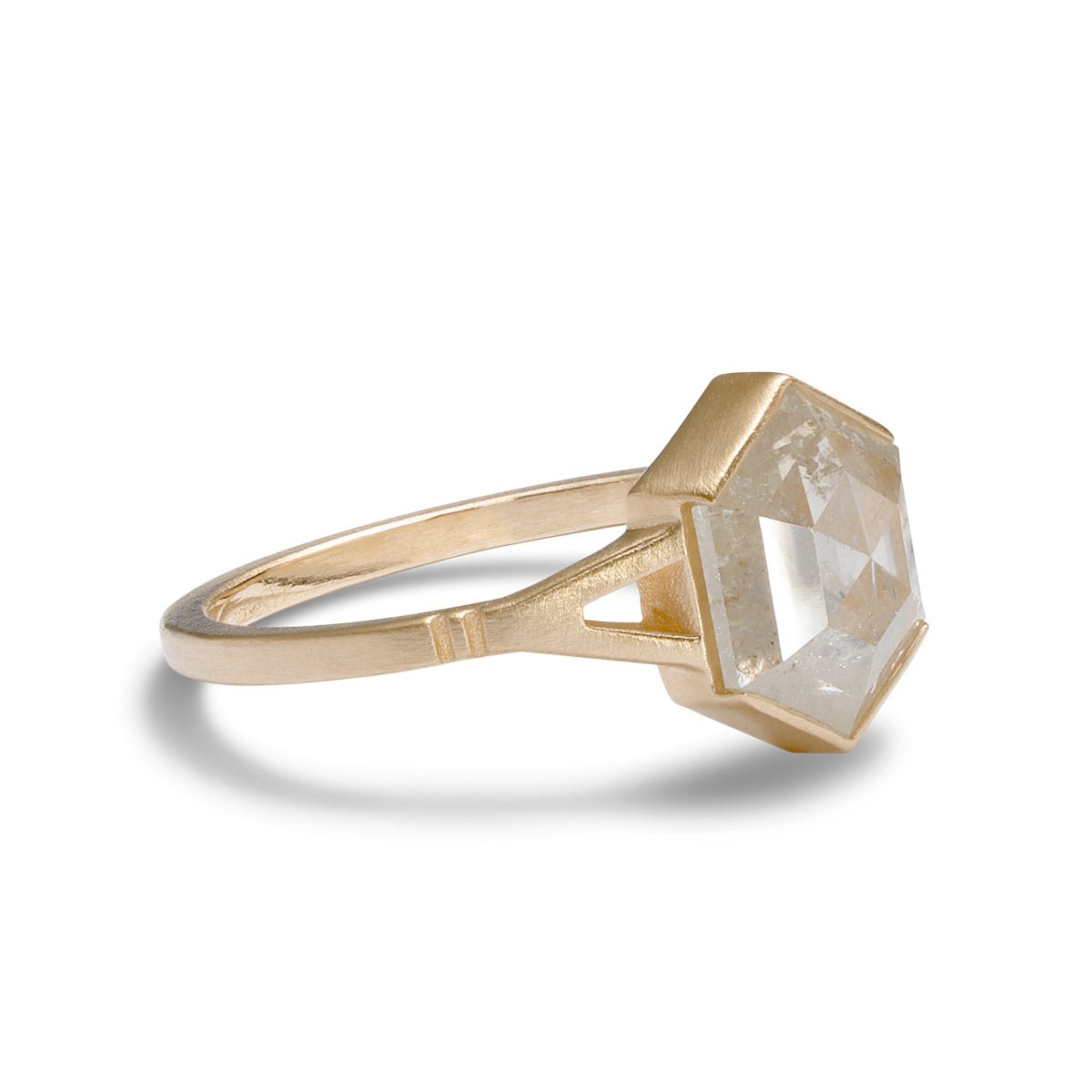 Hexagon salt & pepper diamond Dea ring. Features a split shank in 14K gold. Designed and handcrafted in Portland, Oregon.
