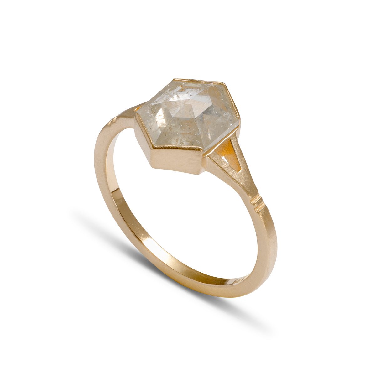 Hexagon salt & pepper diamond Dea ring. Features a split shank in 14K gold. Designed and handcrafted in Portland, Oregon.