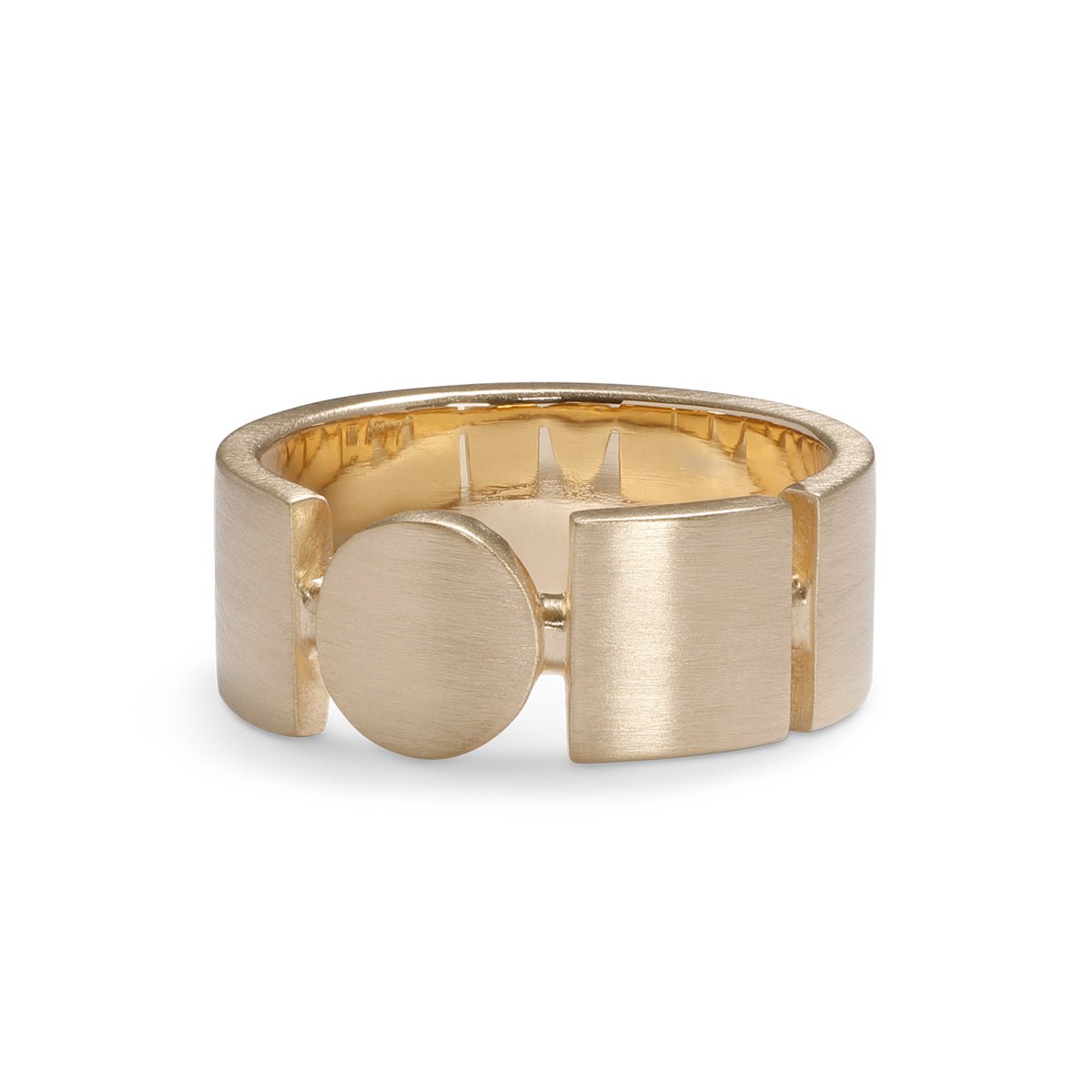 Square and circle motif Forma band. Made with 14K recycled gold in Portland, Oregon.