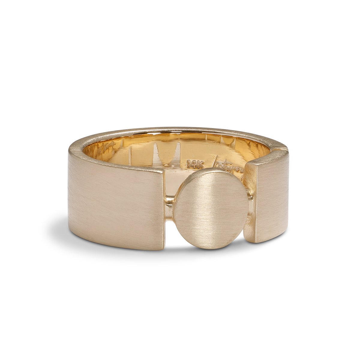 Square and circle motif Forma band. Made with 14K recycled gold in Portland, Oregon.