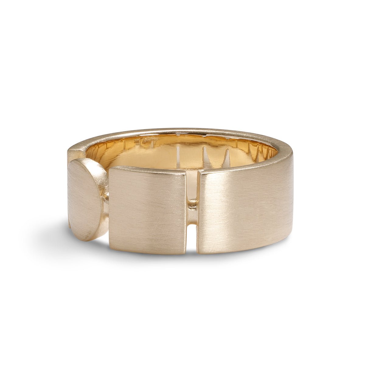 Square and circle motif Forma band. Made with 14K recycled gold in Portland, Oregon.