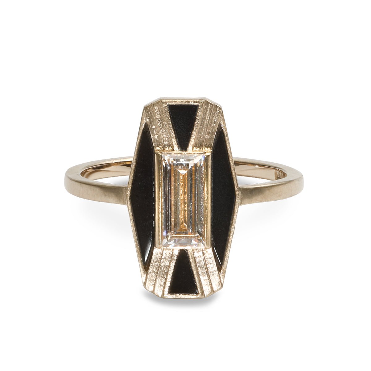 Imber cocktail ring with lab-grown baguette diamond focal and Oregon black jasper inlay. Set in 14K recycled gold.
