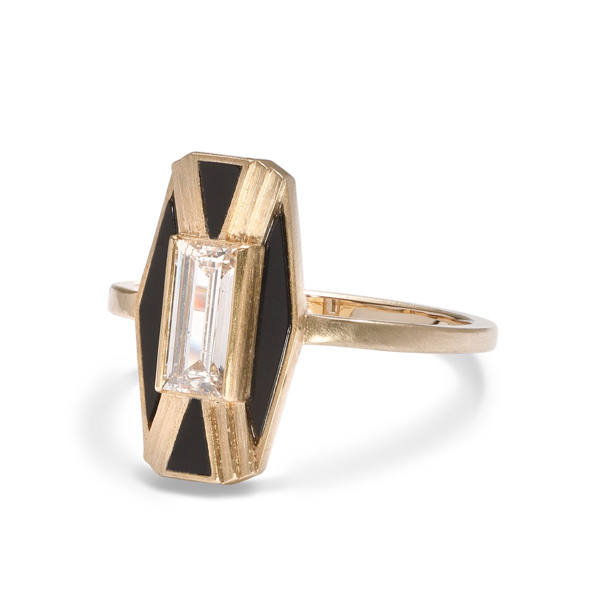 Imber cocktail ring with lab-grown baguette diamond focal and Oregon black jasper inlay. Set in 14K recycled gold.
