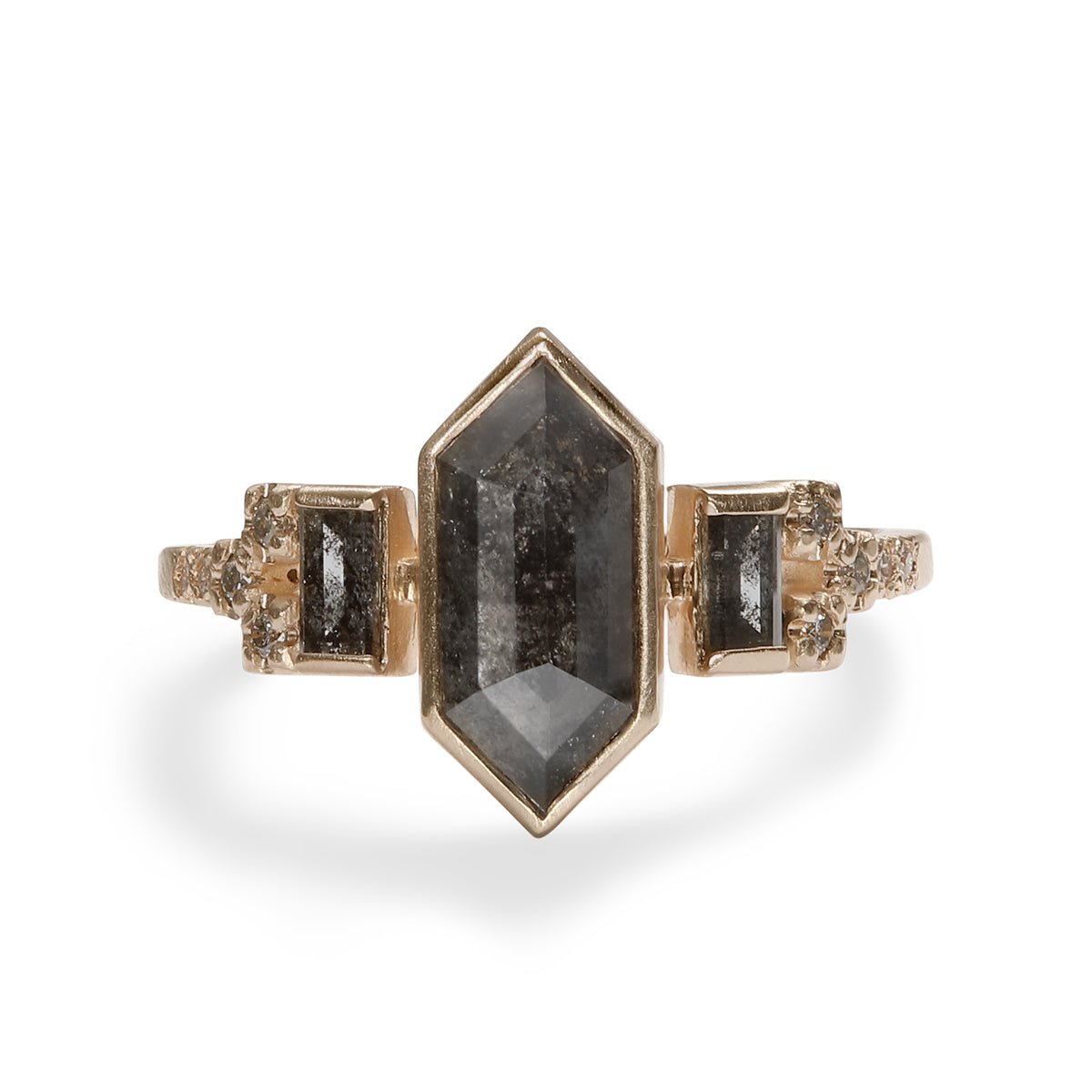 Hexagonal Libero ring. Features conflict-free salt & pepper diamonds and lab-grown white diamonds set in 14K gold.