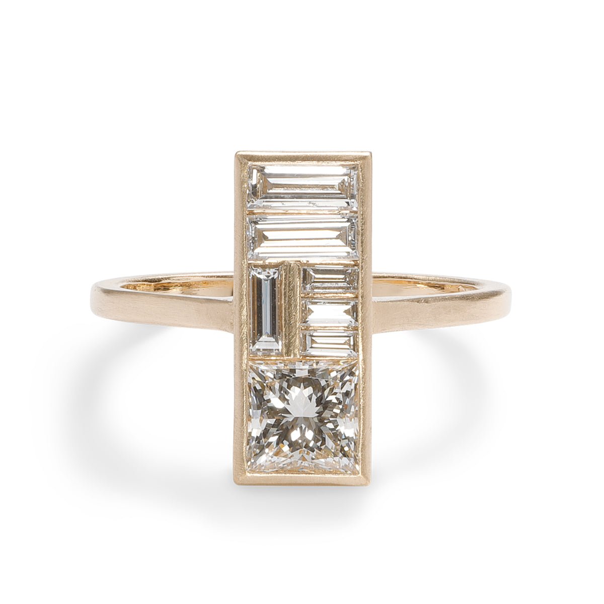 Rectangular Miro ring, designed and made in Portland, Oregon. Features lab-grown diamonds set in 14K recycled gold.