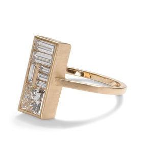 Rectangular Miro ring, designed and made in Portland, Oregon. Features lab-grown diamonds set in 14K recycled gold.