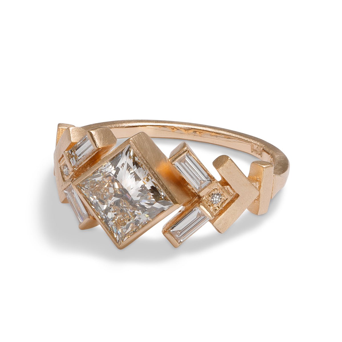 Geometric Uro ring with lab-grown princess cut diamond center. Chevron motif band in 14K recycled gold.