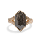 Hexagonal salt & pepper diamond Veritas ring. With a chevron woven 14K gold band. Made in Portland, Oregon.