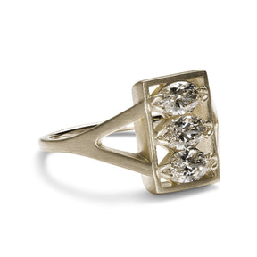 Rectangular Claro ring, featuring marquise lab-grown diamonds set in 14K white gold. Designed and handcrafted in Portland, Oregon.