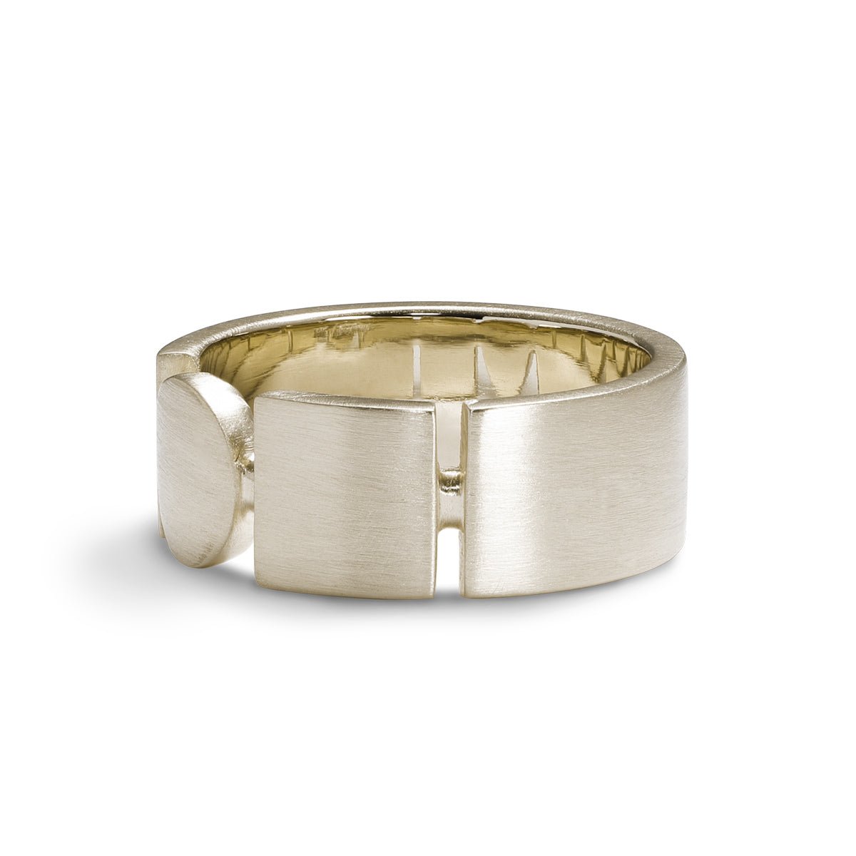 Square and circle motif Forma band. Made with 14K recycled white gold in Portland, Oregon.