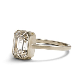 Emerald cut lab-grown diamond Honos ring (1.75 carat). Set in 14K recycled white gold and made in Portland, Oregon.