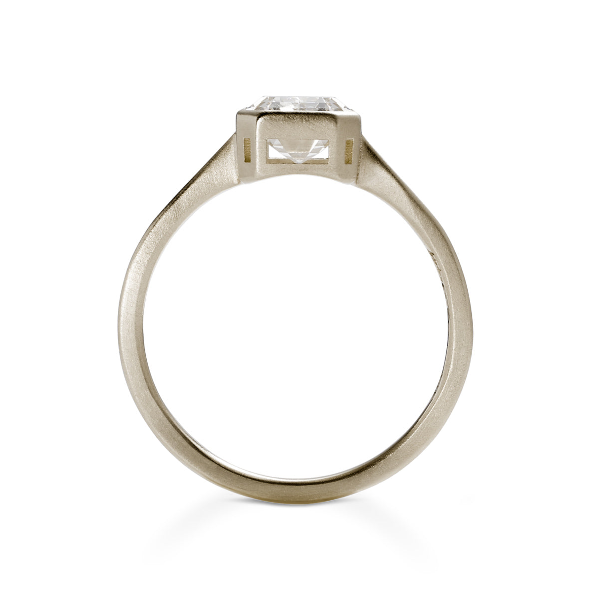 Emerald cut lab-grown diamond Honos ring (1.75 carat). Set in 14K recycled white gold and made in Portland, Oregon.