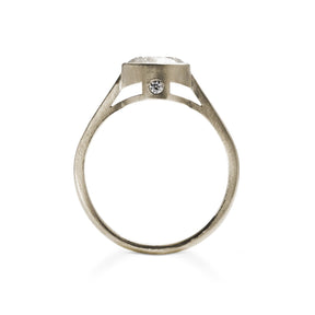 1.4 carat Sano ring, with 3 brilliant cut lab-grown diamonds set in a recycled 14K white gold band. Designed and handcrafted in Portland, Oregon.