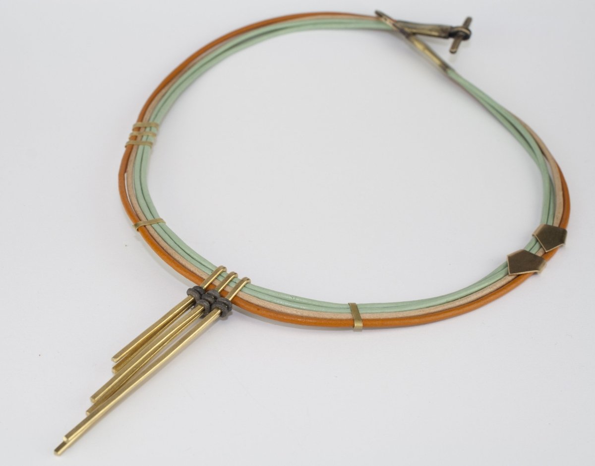 betsy & iya Sunset Under the Arches necklace muted rainbow leather