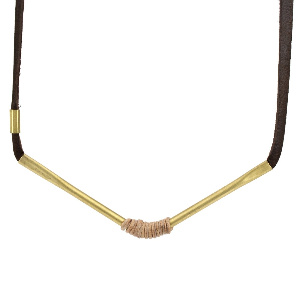 betsy & iya Autumn in the Park necklace with chevron brass and leather wrap.