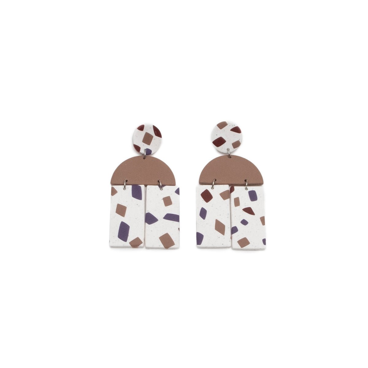 A pair of polymer clay earrings with a brown/mauve and purple terrazzo pattern. Designed and crafted in Portland, Oregon by The Baked Clay Studio.