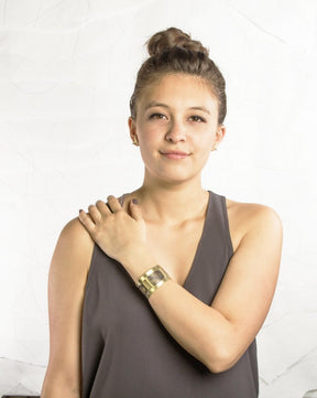 Model shows the size and style of the Golden Gate bridge cuff on her wrist.
