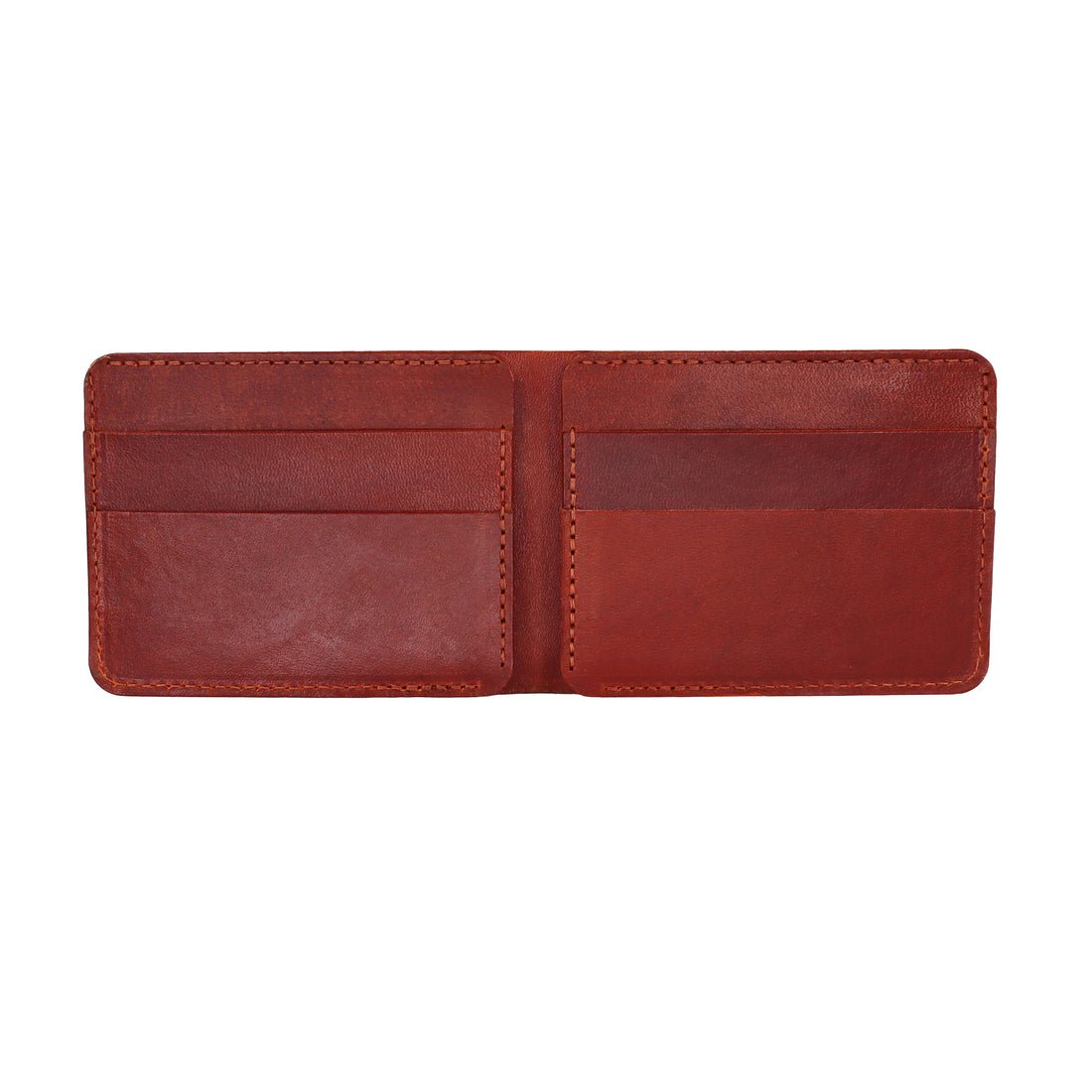The interior of a brown bi-fold leather wallet. The Leather Bi-Fold Wallet in Brown is designed and handcrafted by Hold Supply in Anaheim, California.