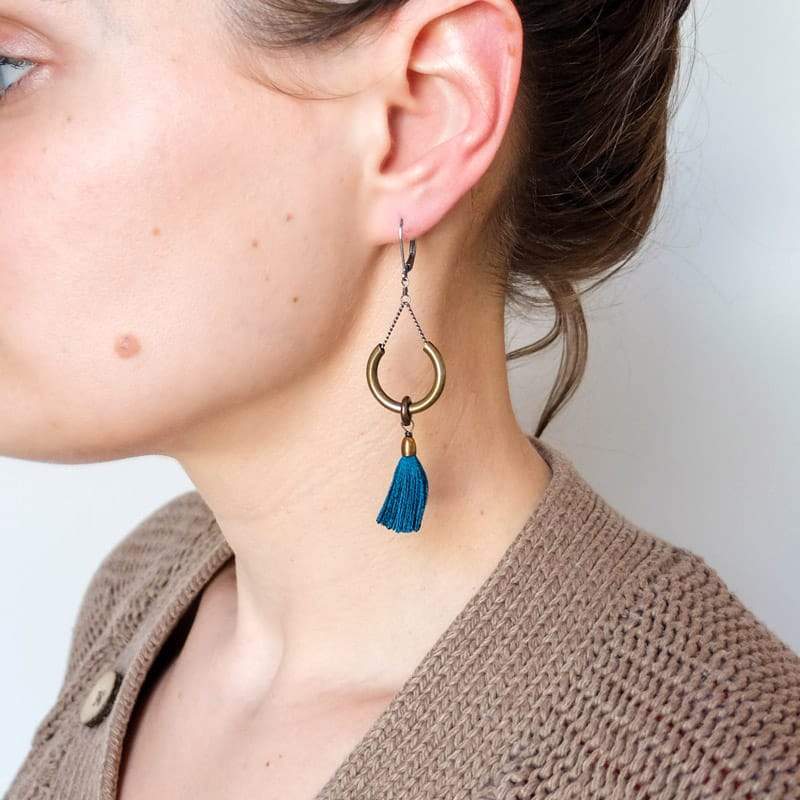 Boet Jewelry Duster Earrings Peacock on model