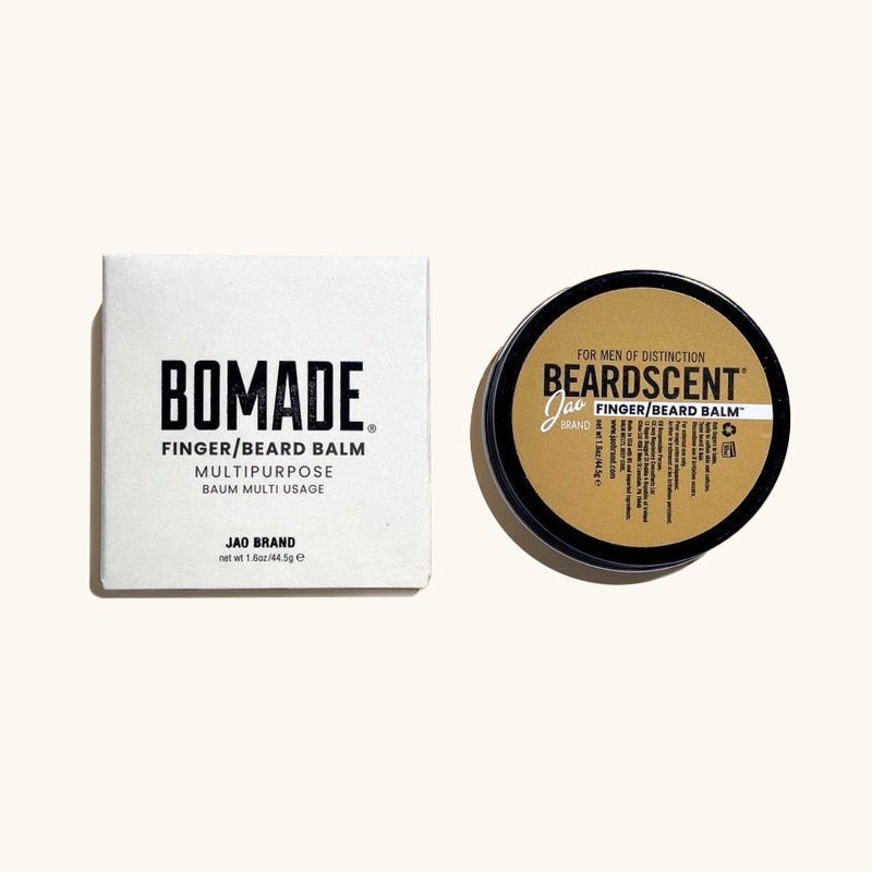A round tin filled with multipurpose balm against a tan background. Bomade: BeardScent is designed and made by Jao Brand in Pennsylvania, USA.