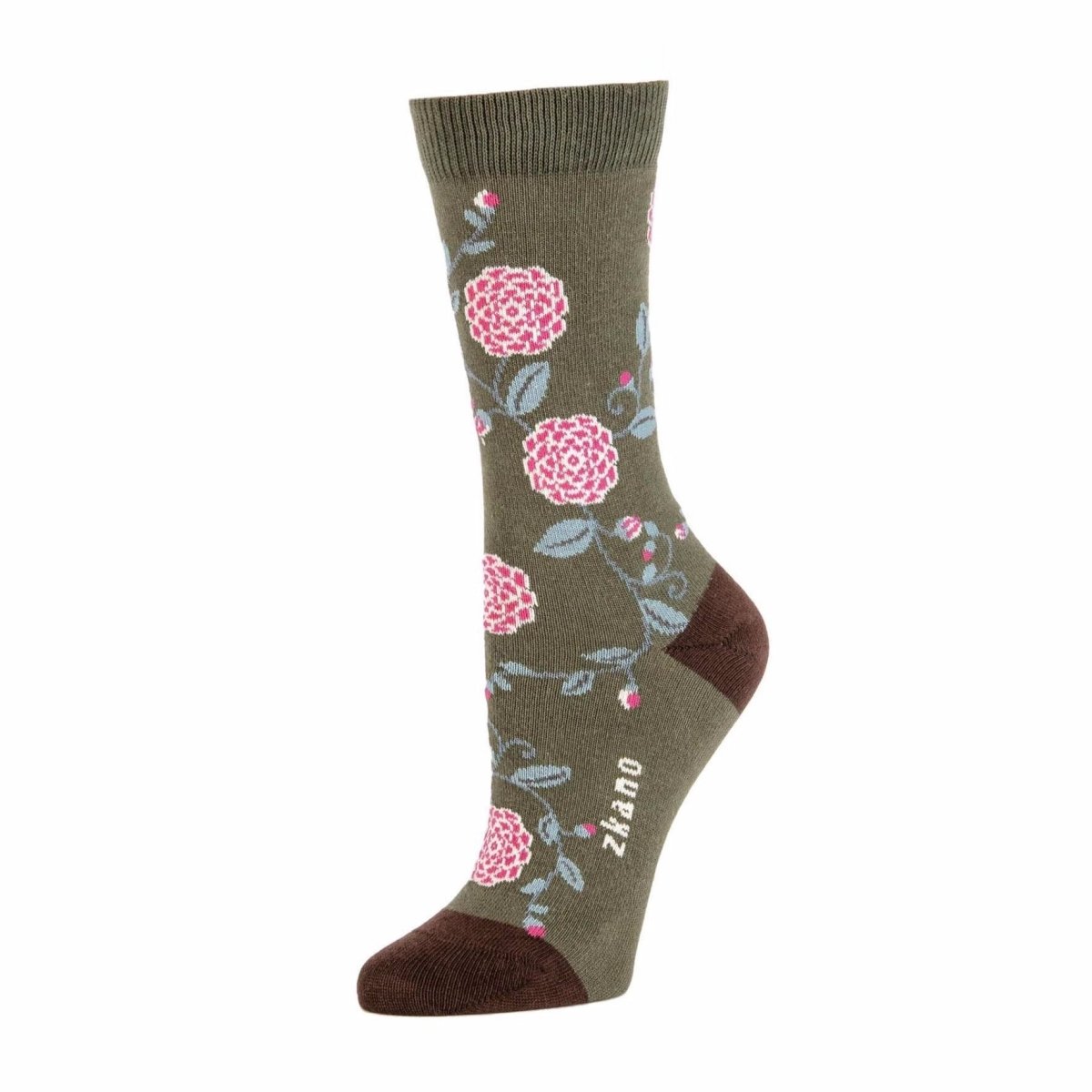 Army green sock with bright pink floral pattern and a dark brown heel and toe accent. The Camilla Floral Crew Sock in Army is from Zkano and made in Alabama, USA.