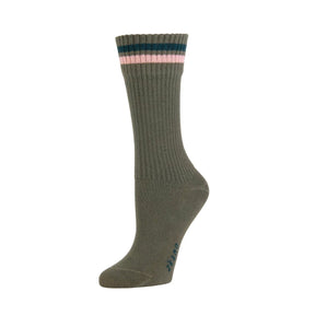 A ribbed crew sock in an army green with a dark green and light pink stripe at the collar. The Camp Sock in Spruce is from Zkano and made in Alabama, USA.