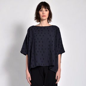 Navy blue oversized tunic with black square pattern. Designed and sewn by UZI in Brooklyn, New York.