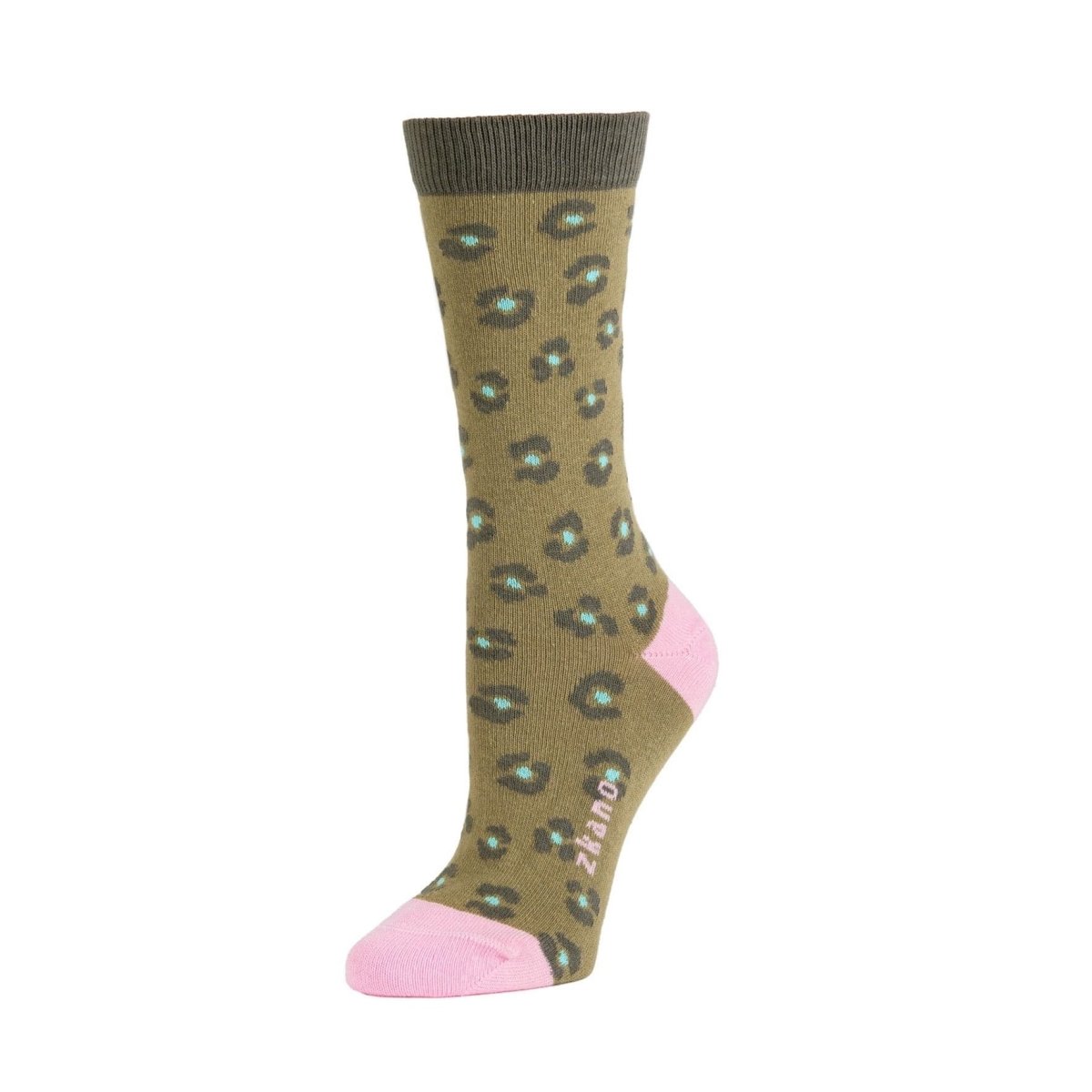 A dark green crew sock with green and bright blue cheetah pattern. Toe and heel are light pink, including the logo along the arch. The Cheetah Print crew in Olivine is from Zkano and made in Alabama, USA.